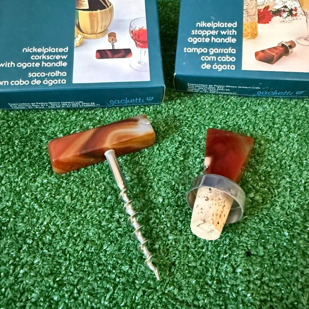 Vintage Corkscrew Vine Bottle Opener & Stopper Agate Gemstone Handle Lot of 2